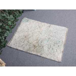 พรมตุรกีโบราณขนาดเล็ก 2x2.7 ฟุต, พรมโมร็อกโกสีขาวทำจากขนสัตว์ - Product Image 1