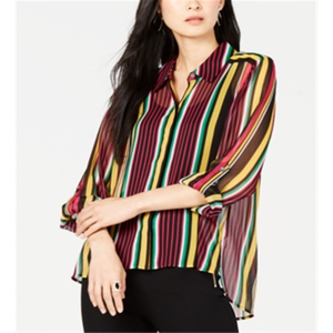 INC International Concepts Camicia a Righe da Donna Taglia S, Nera con Colletto Alto, Logo Ricamato, Top in Raso e Seta, Taglia XL - Product Image 1