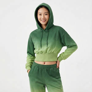 Sweat-shirts à capuche décontractés pour femmes sur mesure, taille haute, coupe courte, ourlet côtelé large, épaules tombantes, manches ballon, en molleton de coton - Product Image 1