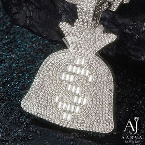 AARVA JEWELS Colgante de Plata 925 Bañado en Oro con Moissanita Corte Baguette, Diseño de Bolsa de Dinero y Signo de Dólar, Estilo Hiphop, para Hombre, Engaste de Garra - Product Image 2