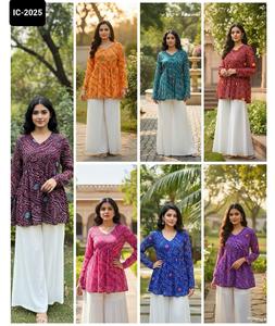Indian Daily and Festival Wear Ready to Wear Short Fancy Pure Georgette Kurtis with Bandhani Print with Plus Size Available - Product Image 1