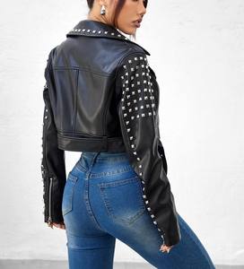 Veste en cuir PU matelassée et tissée, effet peau de mouton, avec rivets, pour femme, coupe-vent et respirante, collection automne 2024, personnalisable pour l'extérieur - Product Image 5