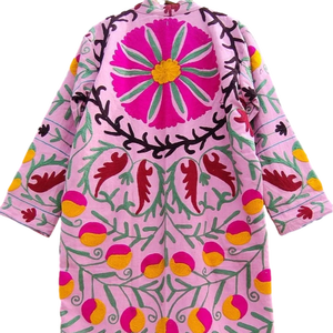 Kimono de Algodón Bordado con Flores Rosas, Talla Grande, Estilo Bohemio, Largo hasta el Suelo, Cuello en V, Manga Larga, Corte Holgado, Bordado a Mano para Mujer - Product Image 1