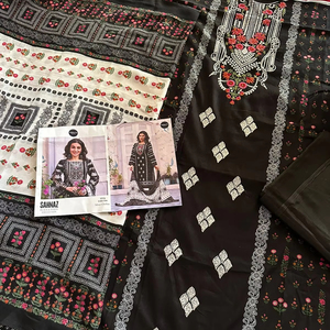 Luxury Black <b>White</b> Semi-Lawn Bottom <b>Chiffon</b> Cotton Dupatta Self Embroidery Salwar Kameez Fancy Model Number Suit - Product Image 1