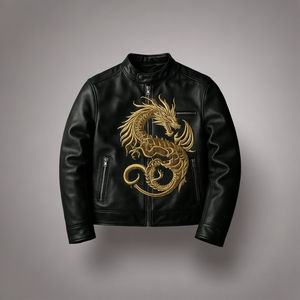 แจ็กเก็ตหนังสีดำปักลายสำหรับผู้ชายปกพับและแขนเสื้อหนัง PU งานตามสั่ง - Product Image 6