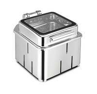 Chique natuurlijke gepolijste roestvrijstalen vierkante chafing dish met glazen deksel, 5/7/9 liter inhoud, voor restaurantgebruik