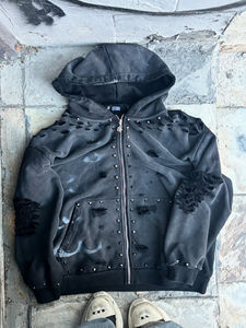 2026 Sweat à capuche zippé unisexe en molleton 100% coton, style streetwear vintage, délavé à l'acide et effet usé, effet soleil délavé, pour l'hiver - Product Image 2