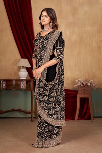 Luxury Heavy Fandy <b>Satin</b> <b>Saree</b> with Premium Heavy Beads Embroidery Work Designer Blouse Included Elegant Wedding Party Festive - Product Image 2