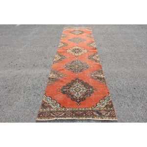 Alfombra clásica de retazos azul naranja de 3,5x12,7 pies para sala de estar o dormitorio para adolescentes hecha de lana viscosa con respaldo de látex - Product Image 1