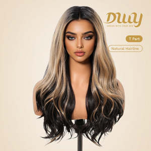 Gena -DWY Long-Length Straight <b>Black</b> Honey Balayage Glueless Synthetic Christmas <b>Wigs</b> Clearance Sale Lace Front Middle Part - Product Image 2