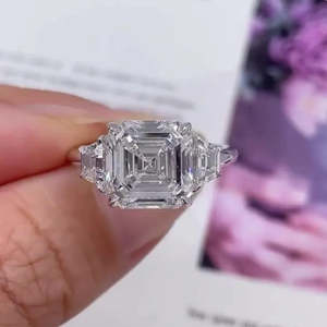 Asscher 5.40tcw Lab <b>Diamond</b> <b>Ring</b> with Trapezoid Side Stones Three Stone IGI Certified - Product Image 4