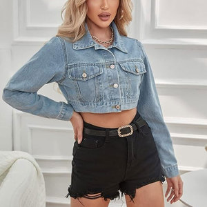 แจ็คเก็ตยีนส์ครอปผ้าฝ้ายคุณภาพสูง 100% ระบายอากาศได้ดีสำหรับผู้หญิง ราคาสมเหตุสมผล ขนาดสั่งทำได้ ผ้าพิมพ์ลาย - Product Image 2