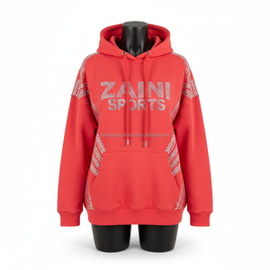 เสื้อมีฮู้ดขนแกะ330GSM พรีเมี่ยมสำหรับผู้หญิงแผงคริสตัลสีแดงสไตล์สปอร์ตพร้อมดีไซน์โลโก้พลอยเทียมตามสั่ง - Product Image 1