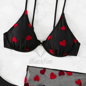 Ensemble Bikini 3 pièces motif coeur, col en V boucle au dos coupe haute avec jupe de couverture en maille maillots de bain, maillots de bain et vêtements pour femmes - Product Image 4
