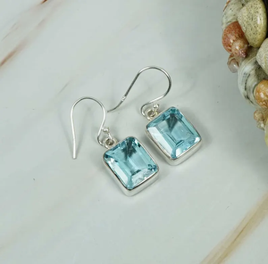 925 Sterling <b>Silver</b> <b>Dangle</b> <b>Earrings</b> Blue Topaz Gemstone Handmade Square Shape November Birthstone Jewelry Christmas Gift - Product Image 2
