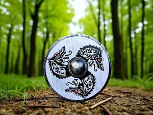 Bouclier en bois Art Déco médiéval avec impression de dragon, bouclier Viking Valhalla usé par le combat, pour la décoration murale, artisanat en bois - Product Image 1