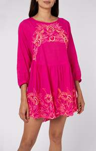 Handmade Designer Summer <b>Dress</b> Boho Print Three Quarter <b>Sleeves</b> Mini Length Button Decoration Woven Natural Sustainable Washable - Product Image 2