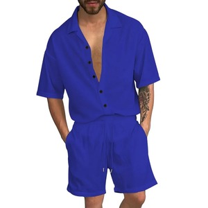 Fibre de polyester costumes d'été vêtements pour hommes décontracté revers couleur unie chemise aléatoire boutonné Cardigan à manches courtes ensembles de shorts - Product Image 2