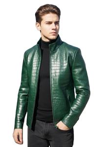Mens Genuine Leather <b>Jacket</b> Crocodile Pattern Stand Collar <b>Zip</b> <b>Up</b> Winter Streetwear Motorcycle Biker Coat Custom Logo - Product Image 1