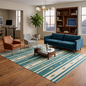 Alfombra Tradicional Hecha a Mano de Lana, Ecológica y Apta para Mascotas, Tejido Plano Dhurrie con Patrón Geométrico, Tamaño Personalizado para Dormitorio - Product Image 1