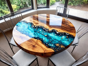 Mesa de Comedor de Arte de Madera de Acacia y Resina Hecha a Mano, Moderna y de Lujo, Impermeable, para Sala de Estar, Bodas, Jubilación, Condolencias, Diwali - Product Image 3