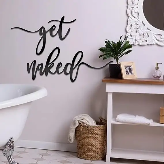 لافتة الحصول على عارية ديكور حائط معدني للحمام والحمام كلمات وملصقات فنية أحرف معدنية سوداء