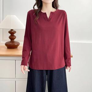 Camiseta de Moda Otoñal para Mujer, Talla Grande, Cuello en V, Manga Larga, Básica, Transpirable, de Jersey, Holgada, Color Sólido - Product Image 4