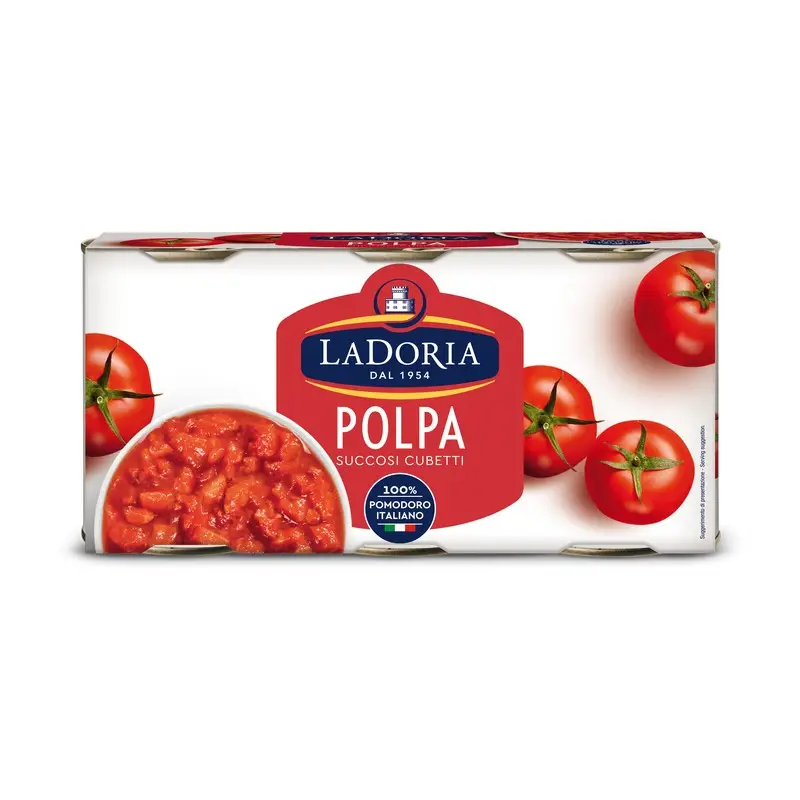 طماطم مقطعة لا دوريا الإيطالية 100% عالية الجودة في علب سهلة الفتح 8 × 3 × 400 جم بدون ملح مضاف للتصدير