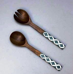 Ensemble de service à salade en bois de manguier écologique manuel cuillère et fourchette de service à la main ensemble d'ustensiles de cuisine outils à salade poignée en résine vaisselle - Product Image 2