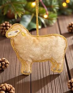 Décoration suspendue de luxe en forme d'agneau, broderie artisanale en fil doré, ornement textile pour arbre, mariage et événements - Product Image 1