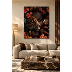 ภาพพิมพ์บนผ้าใบใบหน้าผู้หญิงฟิดาและเสือดาวท่ามกลางดอกไม้ - Product Image 1