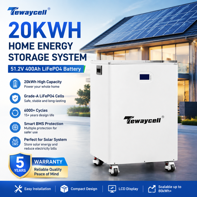 Tewaycell 20kWh Home Energy Storage System 51.2V 400Ah LiFePO4 Battery 6000+ Cycles Smart BMS Solar Battery for Home Backup