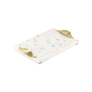 Plateau de service rectangulaire en marbre blanc avec élégantes poignées de feuilles en laiton doré Plateau décoratif de mariage artisanal pour un usage domestique - Product Image 4