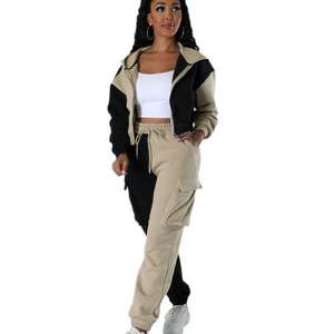 ชุดวอร์ม2ชิ้นมีซิปกางเกงขากว้างสำหรับผู้หญิงชุดวอร์มสีดำสีขาว - Product Image 1