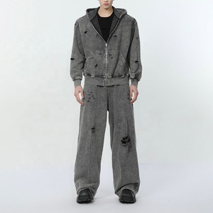 ชุดวอร์มมีฮู้ดสำหรับผู้ชายชุดวอร์มมีฮู้ดแบบซิปรูดแบบกำหนดเองชุดวินเทจสำหรับผู้ชายซักกรด - Product Image 1