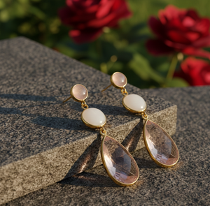 ต่างหูห้อยประดับพลอยสีชมพูชุบทอง 18K เงินแท้ 925 รูปทรงกลมและทรงหยดน้ำ ของขวัญสำหรับเธอ - Product Image 2