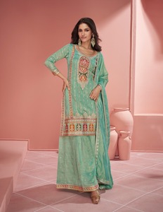 Latest Designer <b>Organza</b> <b>Silk</b> Embroidery Sequence Work Sharara Suit by Fab Zone - Product Image 5