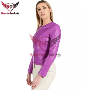 Womens Real Purple <b>Leather</b> <b>Jacket</b> Collarless Crew Neck Sheepskin Coat Zipper Front Side Pockets Slim Fit Custom Outwear New Look - Product Image 4