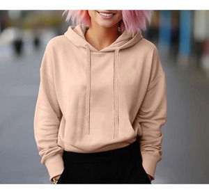 Nouvelle conception, col rond, ensembles de sport d'automne personnalisés, femmes, coton uni, ample, manches longues, pull court, capuche - Product Image 2