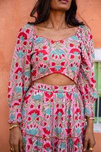 Floral Block Print Co Ord Set Organic Cotton <b>Crop</b> <b>Top</b> <b>Skirt</b> Sustainable Summer Outfit - Product Image 2
