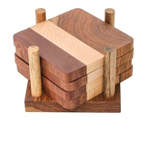 Square Shape <b>Coaster</b> Cup Pads Solid Wooden <b>Tea</b> <b>Coaster</b> With Holder Kitchen Catering Item Walnut Finishing <b>Tea</b> <b>Coaster</b> Set - Product Image 1