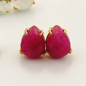 Raw Pink Ruby Stud Earrings Natural Gemstone 12x8mm Prong Set Gold Vermeil 925 Sterling Silver Pear Briolette Handmade Earring