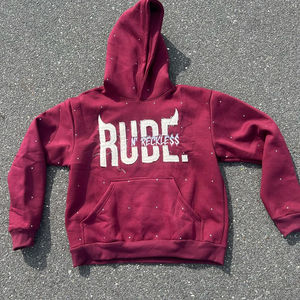 Sweat à capuche en molleton lourd légèrement surdimensionné, vintage, délavé, imprimé avec des strass sur toute la surface, broderie, taille plus - Product Image 4