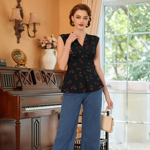 Blusa BP feminina com fenda frontal, sem mangas, gola V, cintura elástica, vintage, floral, top de cereja para mulheres, dos anos 50