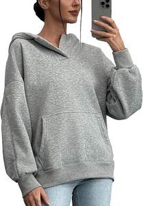 Women's Classic Style Casual Sweatshirt Fleece <b>Lined</b> V-Neck Oversized Hoodie with Front Logo Streetwear Long Length with Pocket - Product Image 5