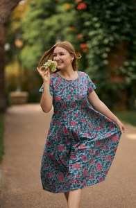 Hand Block Printed Rosabella Dress Boho Cotton Floral Grey Blue Rose Casual Occasion Dress - Product Image 5