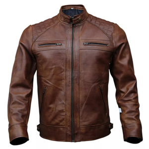 Chaqueta de cuero Cafe Racer para hombre, chaqueta de motorista negra y marrón, piel de oveja auténtica, chaquetas nuevas bordadas personalizadas de alta calidad - Product Image 6