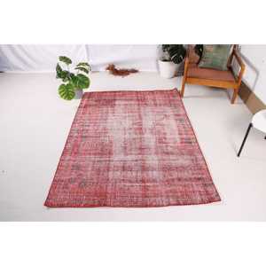 Vintage Turkish Rug 4.1x5.8 ft, <b>Red</b> Abstract <b>Wool</b> Rug - Product Image 1