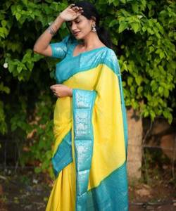 DESIGNER LICHI SOIE JACQUARD TRAVAIL SAREE AVEC CHEMISIER NON COUDU FESTIVAL WEAR PRIX DE GROS VÊTEMENT ETHNIQUE JAUNE - Product Image 5