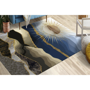 Tapis imprimé paysage : Décoration d'intérieur douce style bohème avec vue sur le soleil et les montagnes, tapis à poils doux - Product Image 1